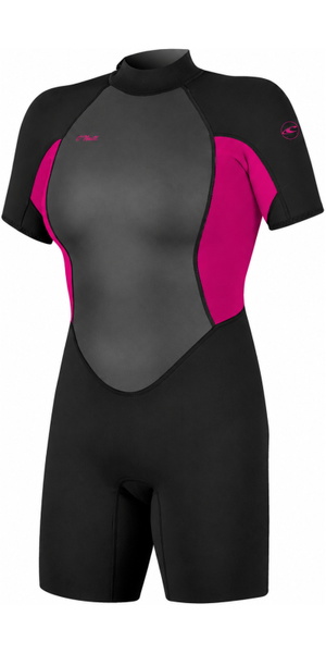 2026 O'Neill Womens Reactor-2 2mm Back Zip Shorty Wetsuit 5043B - Black / Punk Pink